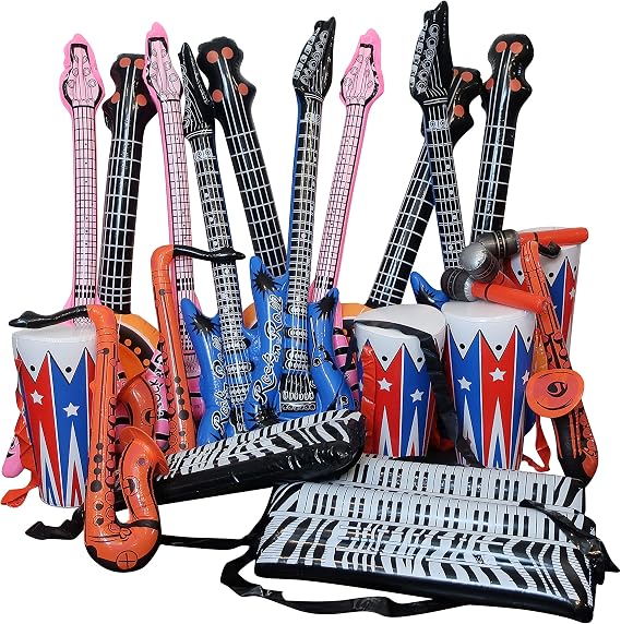 24-Piece Inflatable Rock Band Instrument Set by Forest & Twelfth, Includes Guitars Trumpets, Saxophone, Keyboard, Microphones, Drums, Fun Musical Instruments for Pretend Play, Parties, Props, Decor