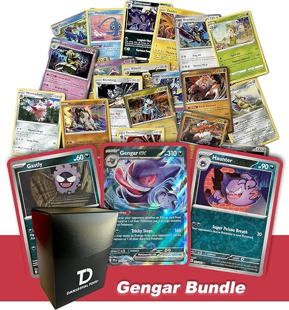 Dan123yal Gengar Pokemon Compatible TCG Random Assortment Bundle ||  Gengar Evolution Set + 15 Reverse Holos + 15 High HP Cards Deck Box