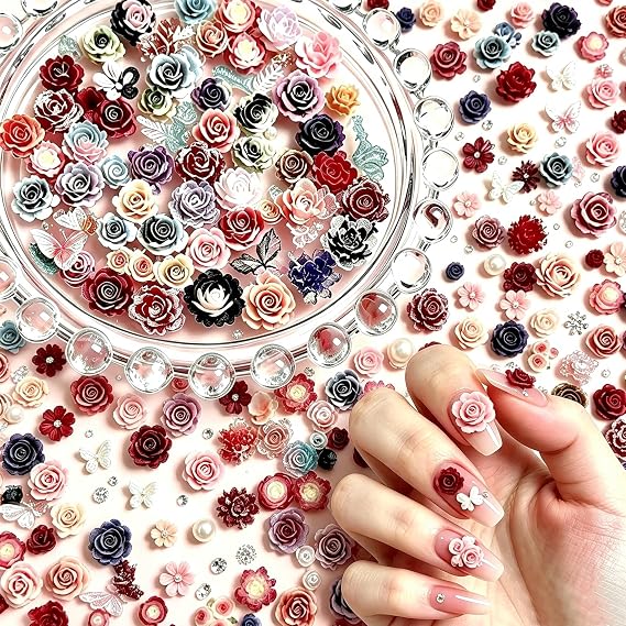 COOSLIM 150pcs 3D Camellias Rose Flower Nail Art Charms, Cute Flower Nail Charms for Acrylic Nails, Colorful Nail Flowers for Nails Charms Floral Nail Charm Resin Charms for Nails Design 3