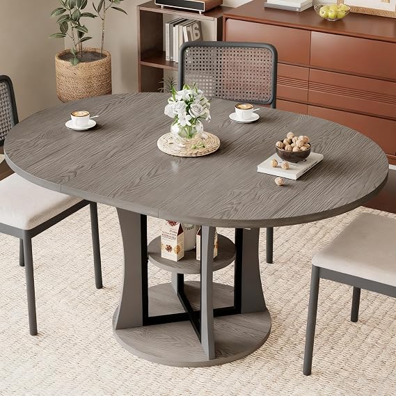 Round Dining Table for 4-8, 43.3in-59in Extendable Kitchen Oval Dining Table with Removable Leaves, Modern Space Saving Kitchen Table with Storage Shelf for Kitchen Living Room, Gray