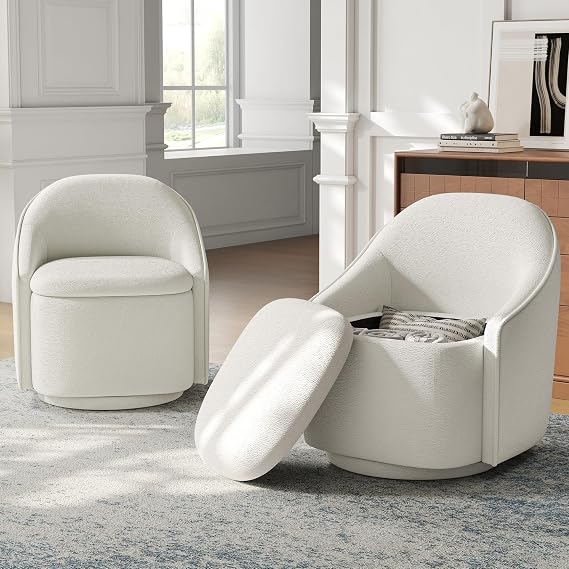 LINSY Swivel Accent Chair Set of 2, Comfy Chenille Barrel Chairs with Storage 360 Swivel Modern Armchair for Living Room Bedroom, Small Boucle Reading Chair for Study Room (Beige)