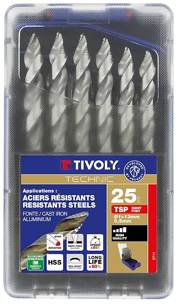 TIVOLY - Set of 25 High-Performance HSS Metal Drill Bits 1/25 to 17/32" - Smart Point Sharpening - Drilling Soft Steels, Wood, and Plastic - Clean Drilling and Hole Enlargement - 3-Flat Shank
