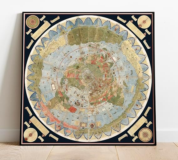 ArtCantHurtU Urbano Monte World Map Poster Print, 23x23, Flat Earth | Recreates the 1587 Renaissance Circular Globe Model With Geographic Detail; Square Format - Unframed
