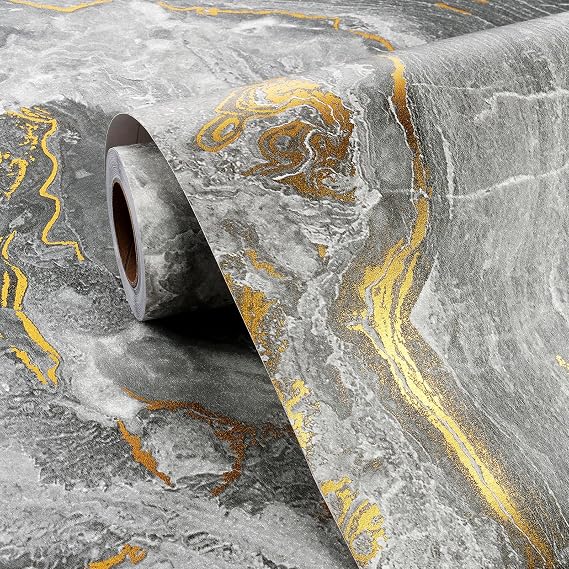 FunStick Thick Grey Marble Contact Paper for Countertops Cabinets Waterproof Gold Grey Marble Wallpaper Peel and Stick Countertops for Kitchen Bathroom Removable Marble Wall Paper for Desk 12"x200"
