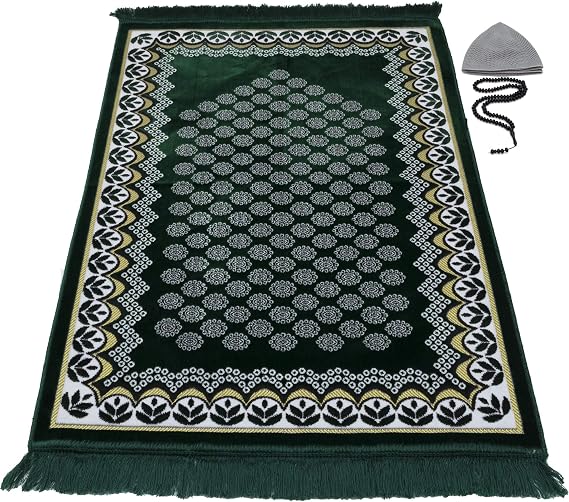 Modefa Turkish Muslim Thin Velvet Prayer Rug - Vined Arch (Daisy Green)