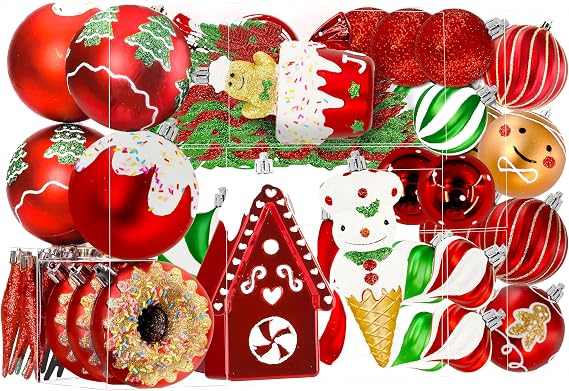 SHareconn 86pcs Christmas Tree Balls Ornaments, Shatterproof Plastic Decorative Baubles for Christmas Tree Decorations, Holiday Wedding Party Decoration, Festive Ornaments, Red Green White