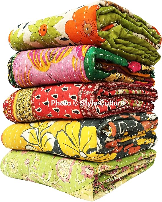 Indian Vintage Indian Kantha Quilts Wholesale Twin Printed Kantha Bengali Gudri Throw Vintage Baby Quilts Blankets Vintage Ralli Gudri lot of 5 Pc