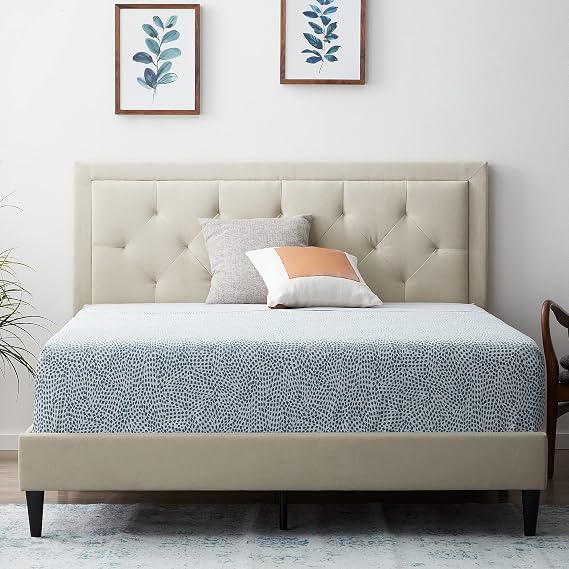 LUCID Upholstered Platform Bed Frame with Headboard No Box Spring Needed Queen Size Pearl