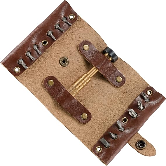 CRKT Hex Bit Driver Tool Roll Accessory, Brass, 9911 | Textured Brass Handle, Leather Sheath, Work and EDC Use