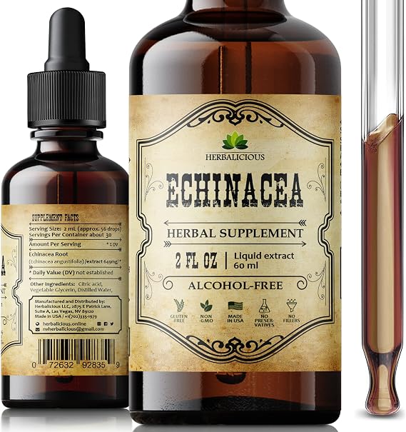 Echinacea Supplement - Natural Root Extract Liquid Drops - Antioxidant Rich Formula for Immune Function Support - Vegan Herbal Tincture - Non-GMO, Alcohol-Free & Gluten-Free - 2 Fl. Oz.