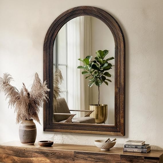 Arched Bathroom Mirror, 36"x24" Brown Wood Frame Wall Mirror | Farmhouse Vintage Vanity Mirror with Layered Frame for Entryway, Living Room, Bedroom