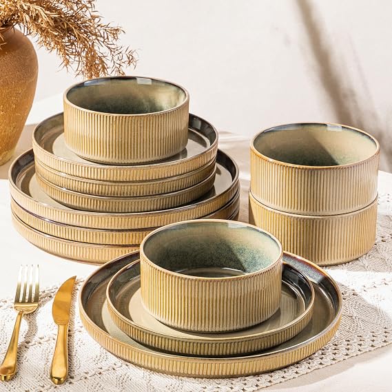 GBHOME Stoneware Dinnerware Sets for 4, 12 Pieces Plates and Bowls Set