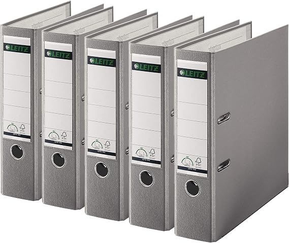 Leitz Pack of 5 Quality 180 Degree Plastic Binder A4 8cm Wide Recycled Card Recycled Plastic Large Grey