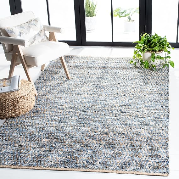 SAFAVIEH Cape Cod Collection Area Rug - 5' x 8', Natural & Blue, Handmade Flat Weave Coastal Braided Jute, Ideal for High Traffic Areas in Living Room, Bedroom (CAP351A)