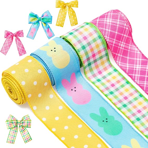 H1vojoxo 4PCS Easter Spring Pastel Wired Ribbon Rolls, Easter Bunny Wired Edge Ribbons, Decorative Wrapping Ribbon for Gift, Colorful DIY Craft Fabric Ribbons for Holiday Decor, 24 Yards